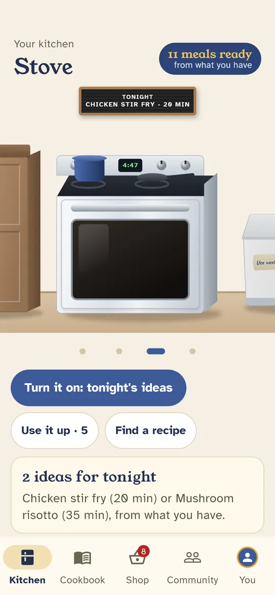 The stove shows what you can make tonight from what you have.