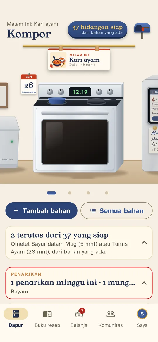Kompor menampilkan apa yang bisa kamu masak malam ini dari bahan yang kamu miliki.