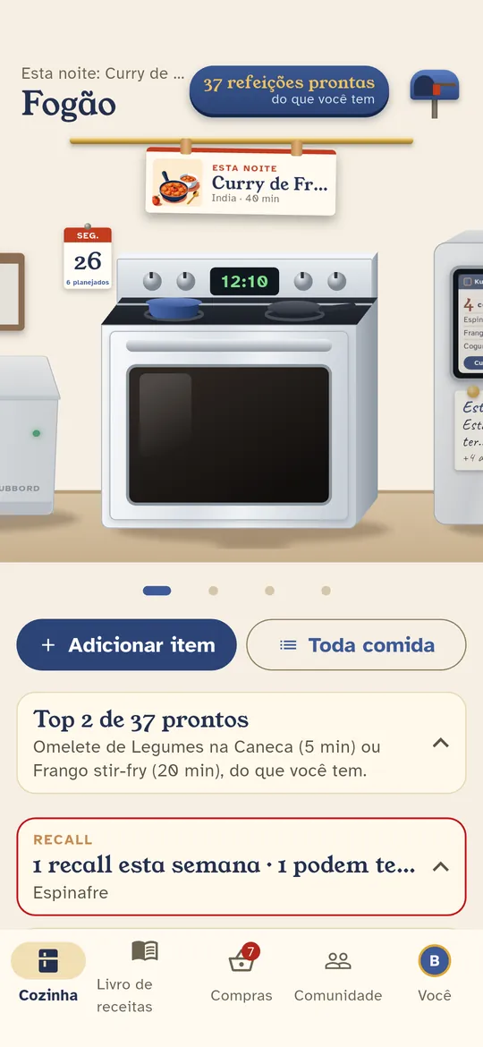 O fogão mostra o que você pode preparar hoje à noite com o que você tem.
